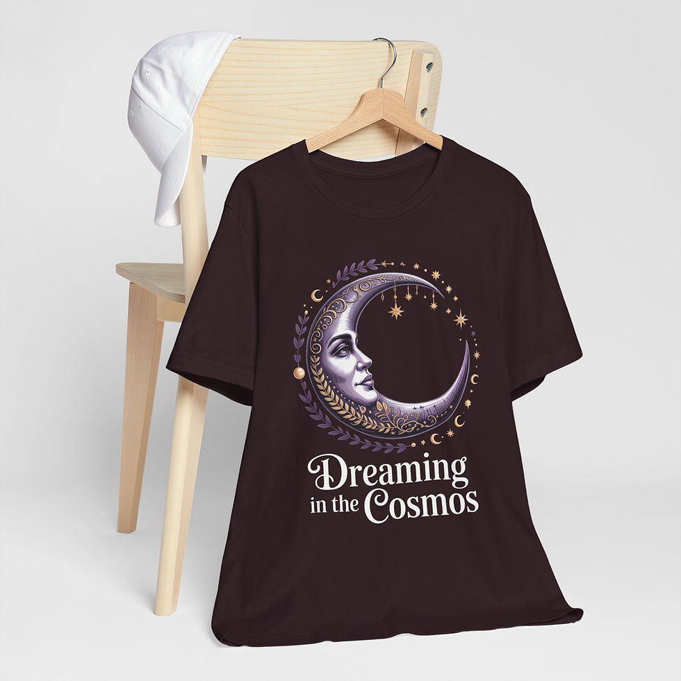 Thumbnail: oxblood black tee crescent moon with a feminine face, surrounded by purple leaves, swirling stars, and celestial accents