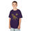 Thumbnail: purple tee with Tyrannosaurus Rex silhouette of multi-color dots and a multi-color dot sunburst