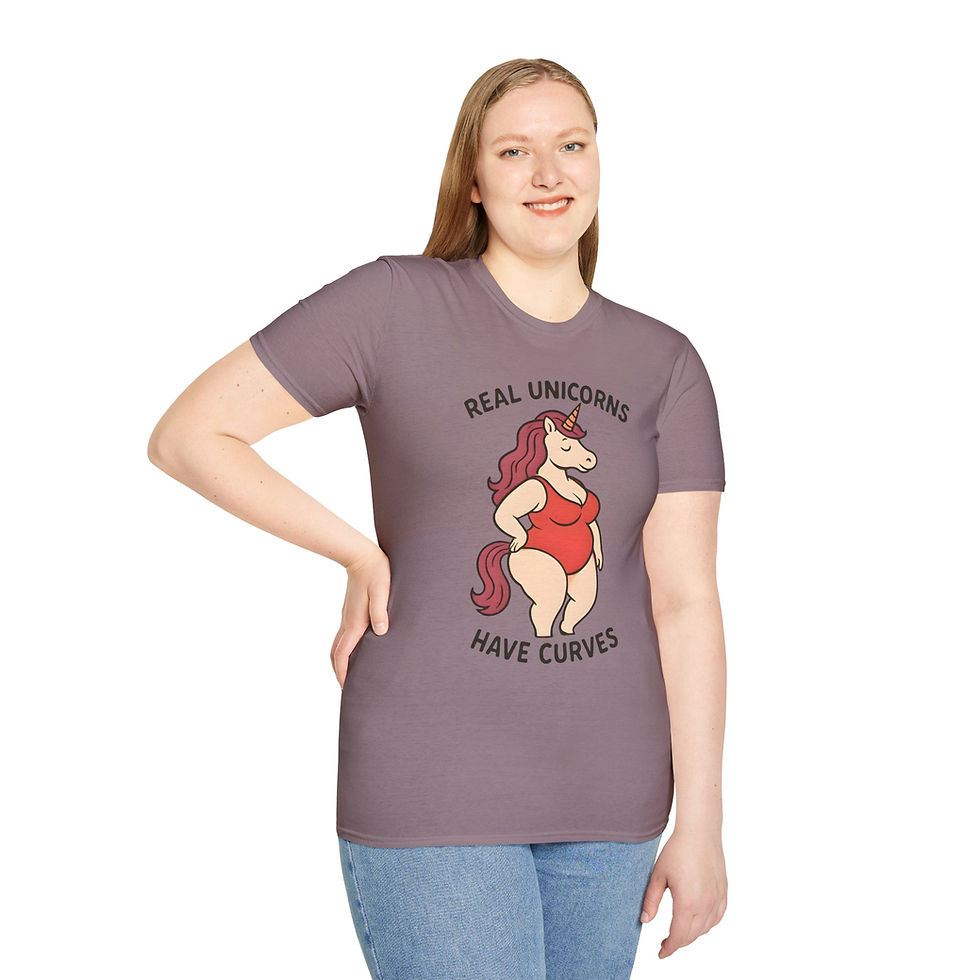 Thumbnail: paragon tee with Real unicorns have curves text with pink curvy feminine unicorn in red one piece swimsuit