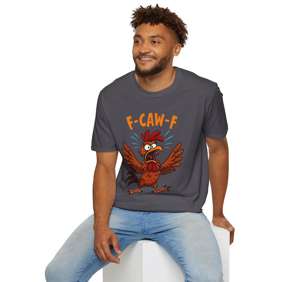 Thumbnail: cartoon frazzled chicken with bold text F-Caw-F on a t-shirt