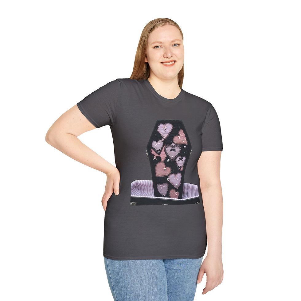 Thumbnail: tee with purple and pink frilly hearts with skulls and white and pink coffin interior black outside