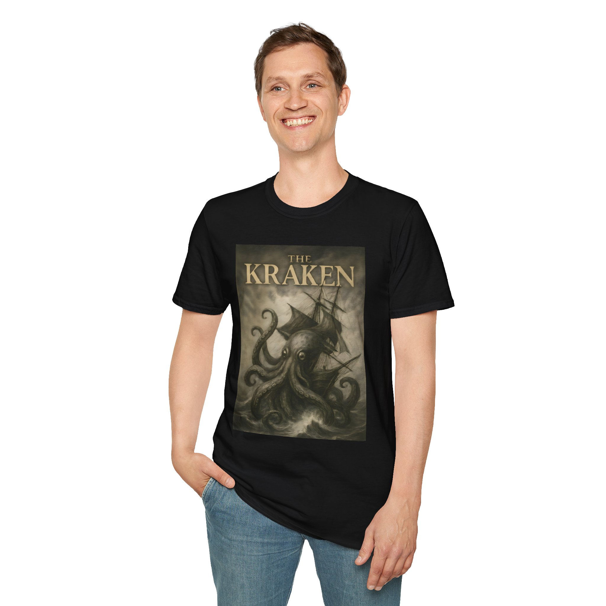 blood text Kraken on top of sketched scene of the Kraken in stormy waters attacking a ship on a t-shirt