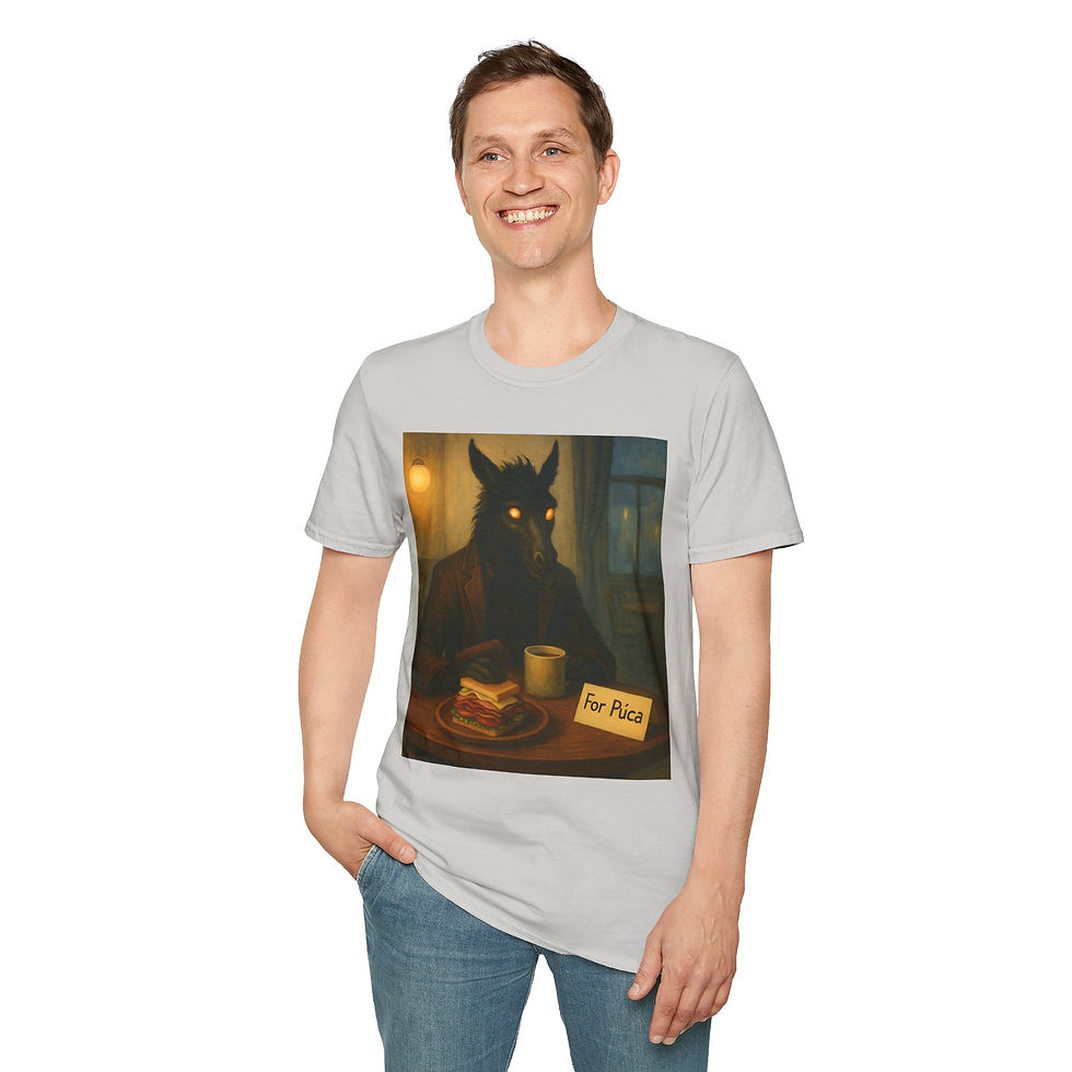Thumbnail: Irish Fairy Púca in a Cafe with a sandwich on a t-shirt