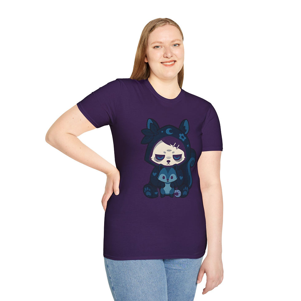 Thumbnail: blue cartoon goth squirrel holding a plush of itself on a -shirt