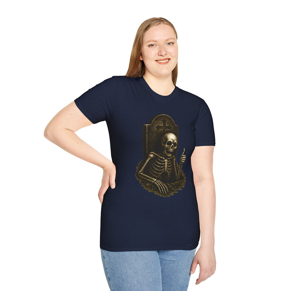 Thumbnail: Sepia toned Skeleton torso coming out of ground in front of grave stone with thumbs up t-shirt