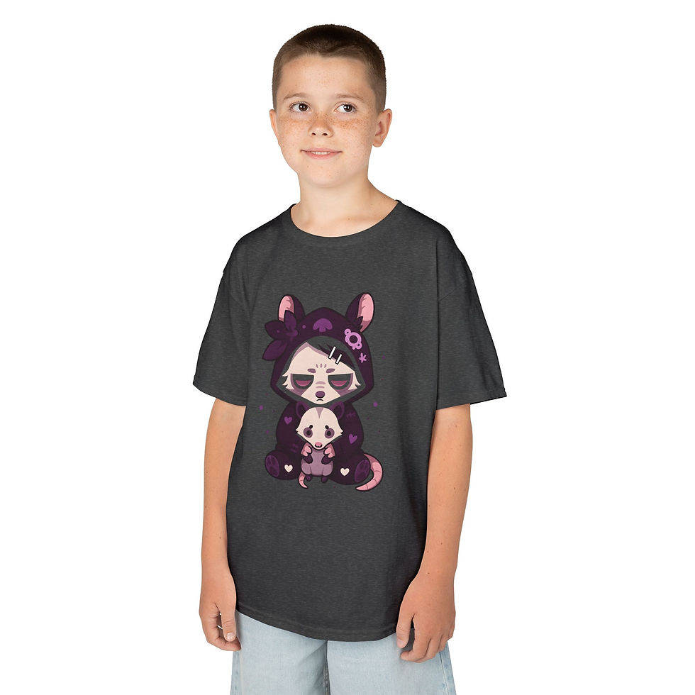 Thumbnail: cartoon opossum wearing purple hoody holding plush opossum on t-shirt