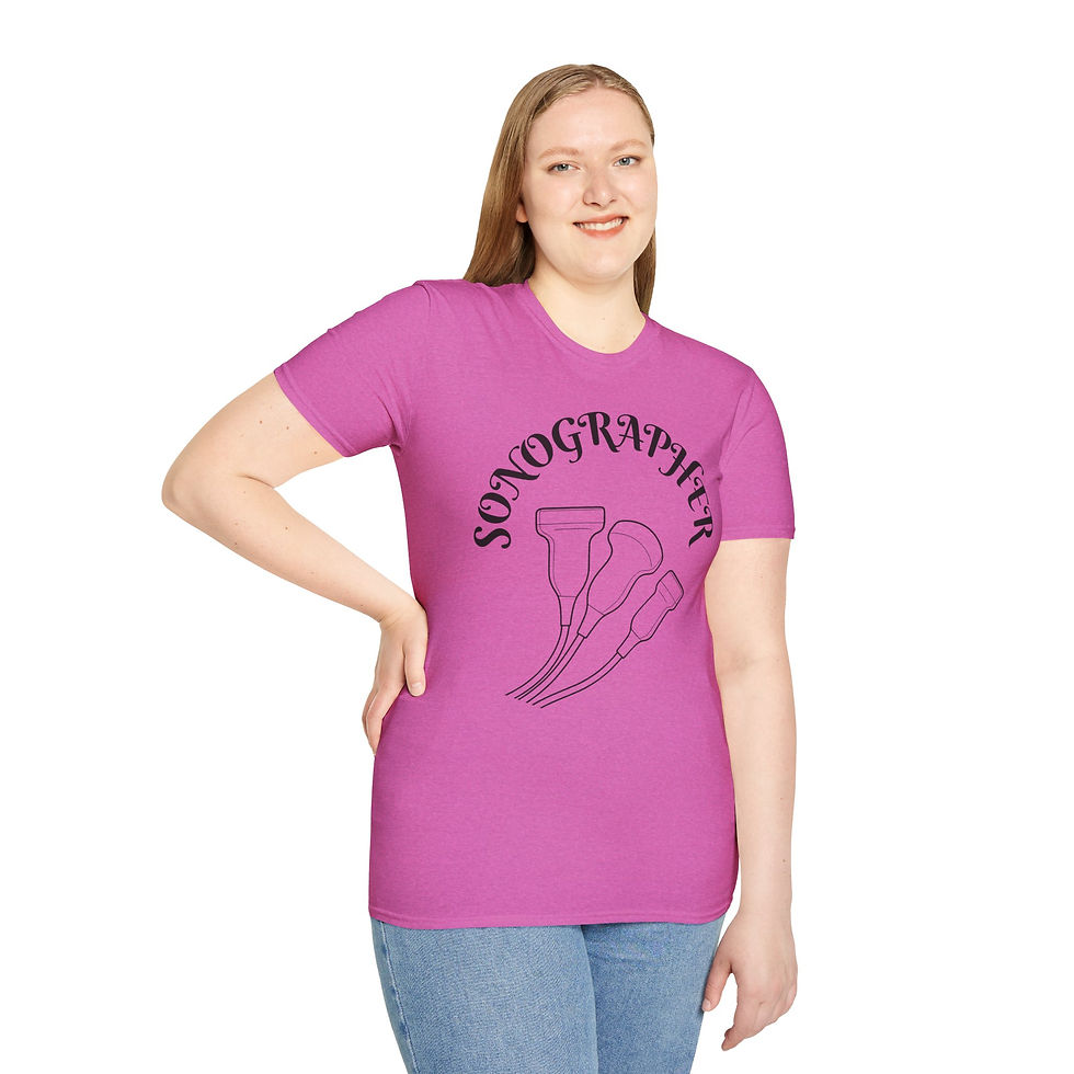Thumbnail: Bold text Sonographer curves above 3 ultrasound probes on a t-shirt
