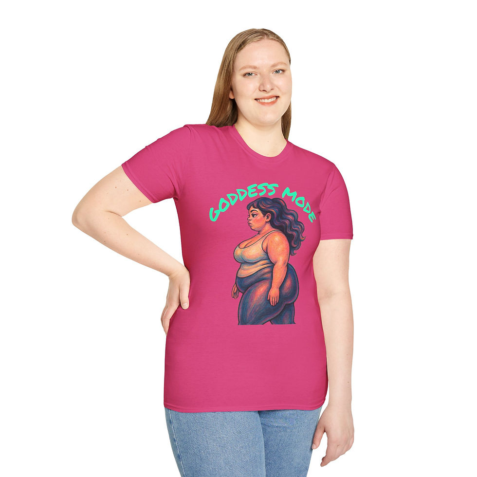 Thumbnail: pink tee with goddess mode text arched over curvy cartoon woman