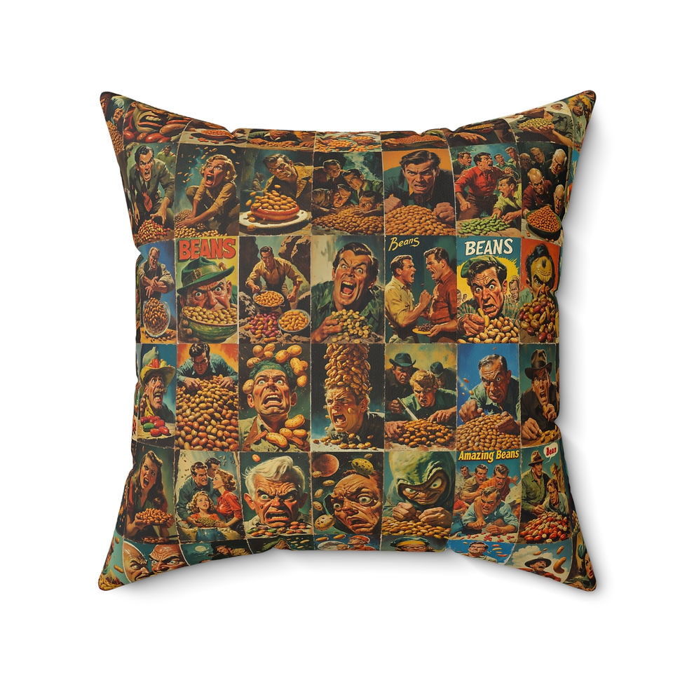 Thumbnail: Retro Comic Bean Wars Pillow – Furious Faces, Bold Colors, Surreal Humor