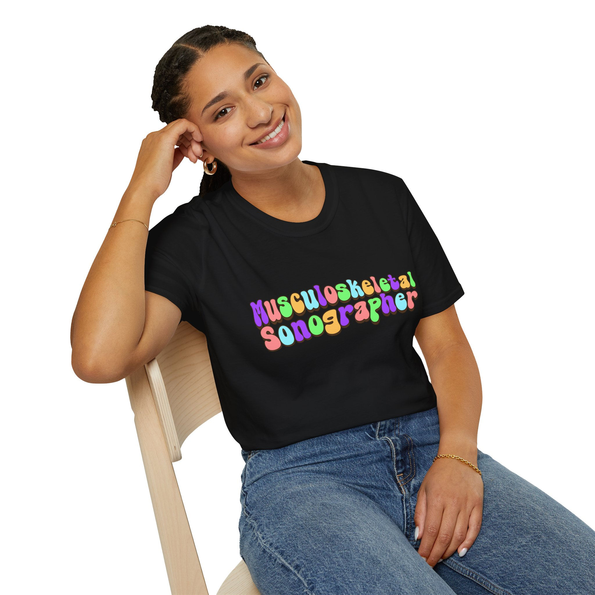 black tee colorful bubble text musculoskeletal sonographer