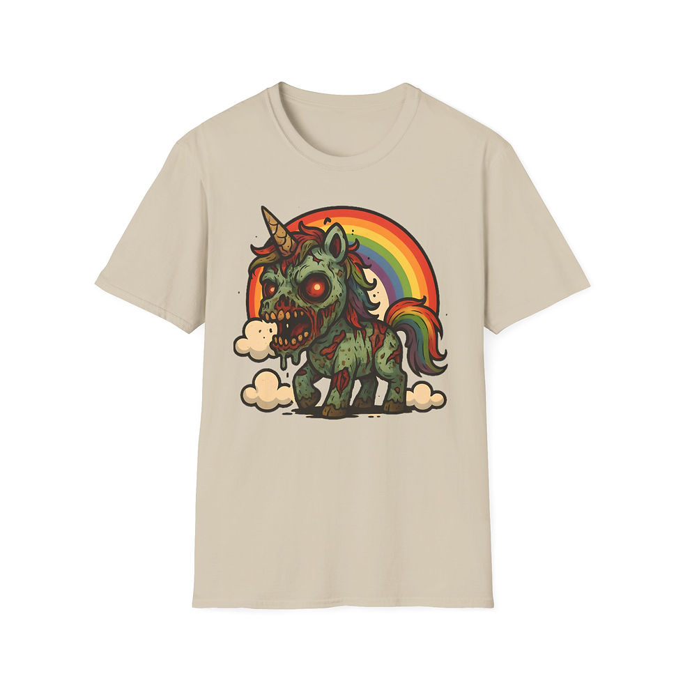 Thumbnail: cartoon kawaii zombie unicorn in front of rainbow on clouds on a t-shirt