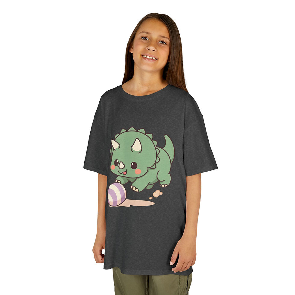 Thumbnail: kawaii cartoon triceratops playing with a ball on a t-shirt