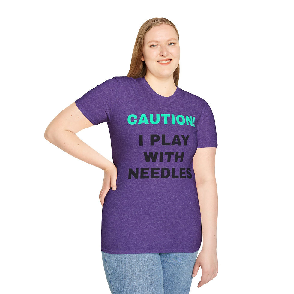 Thumbnail: Bold Text Caution! I Play With Needles on a t-shirt