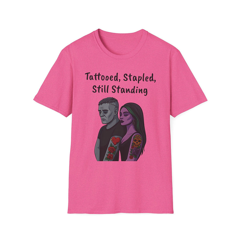 Thumbnail: Tattooed Stapled Still Standing Shirt, Gothic TBI Awareness & Resilience Tee