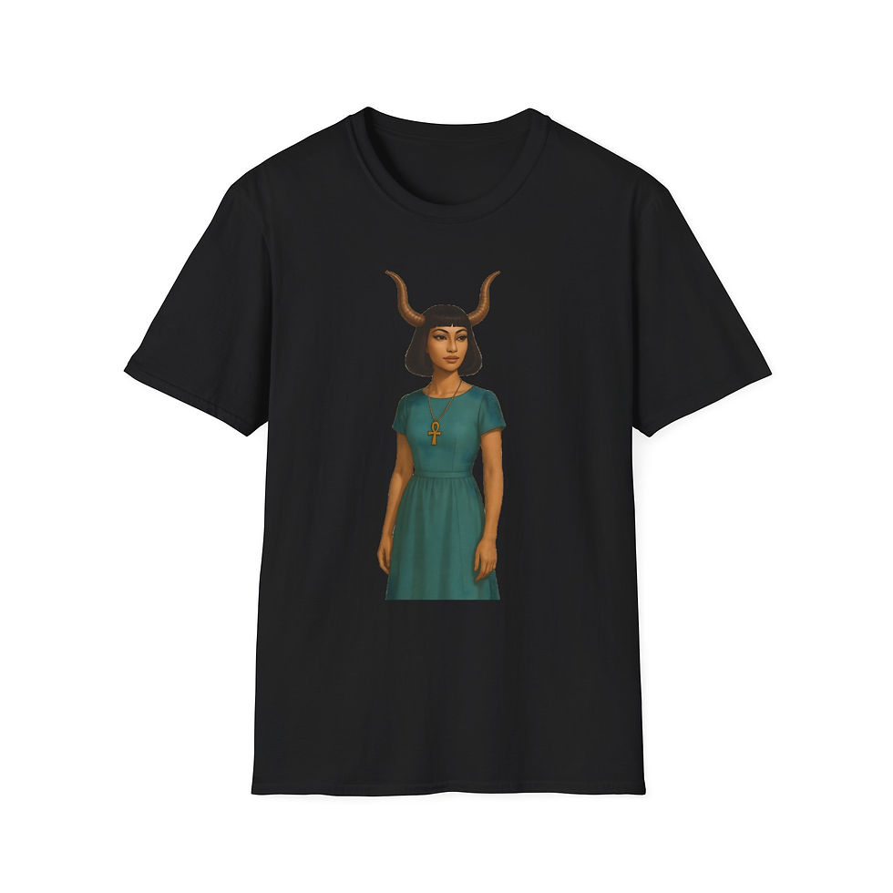 Hathor goddess wearing a retro teal dress on a t- shirt