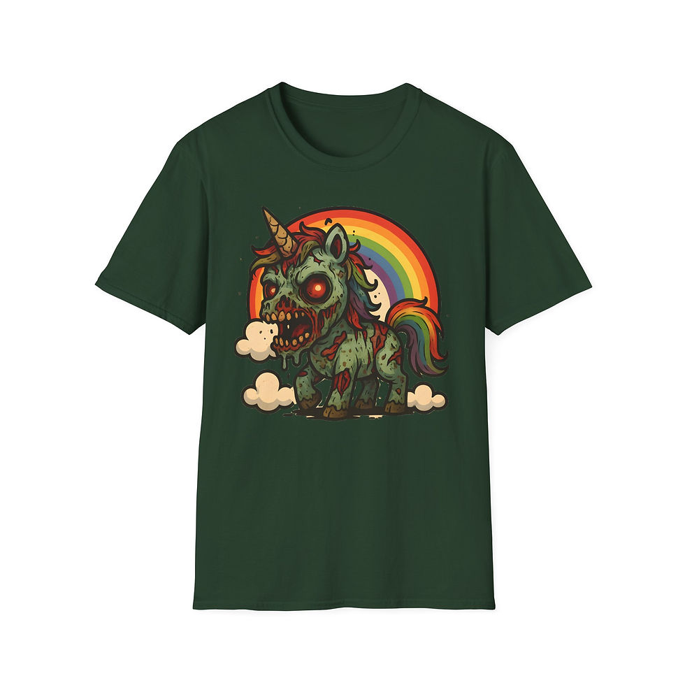Thumbnail: cartoon kawaii zombie unicorn in front of rainbow on clouds on a t-shirt