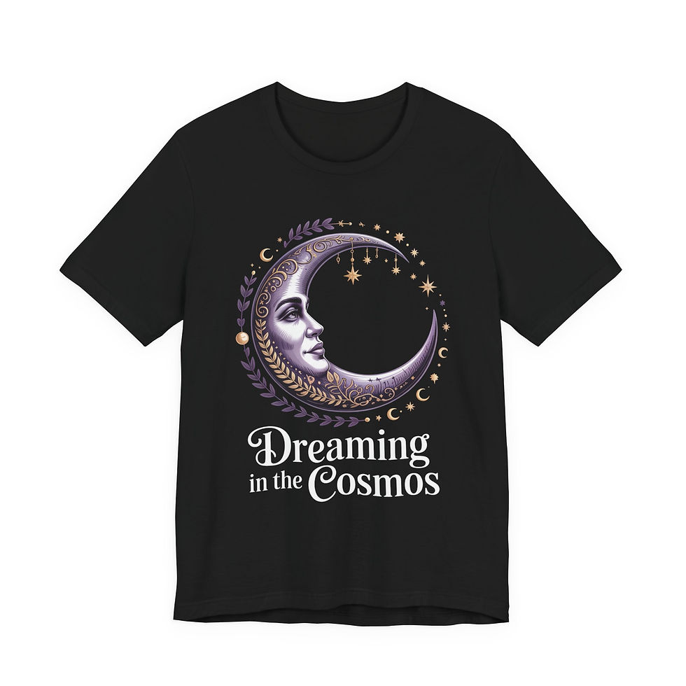 black tee crescent moon with a feminine face, surrounded by purple leaves, swirling stars, and celestial accents