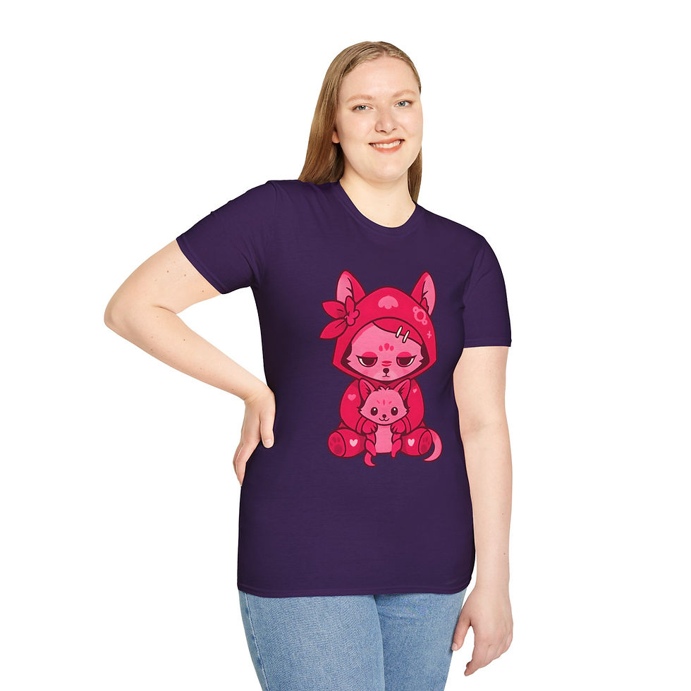Thumbnail: cartoon cute moody hot pink fennec fox holding a plush fox on a t-shirt