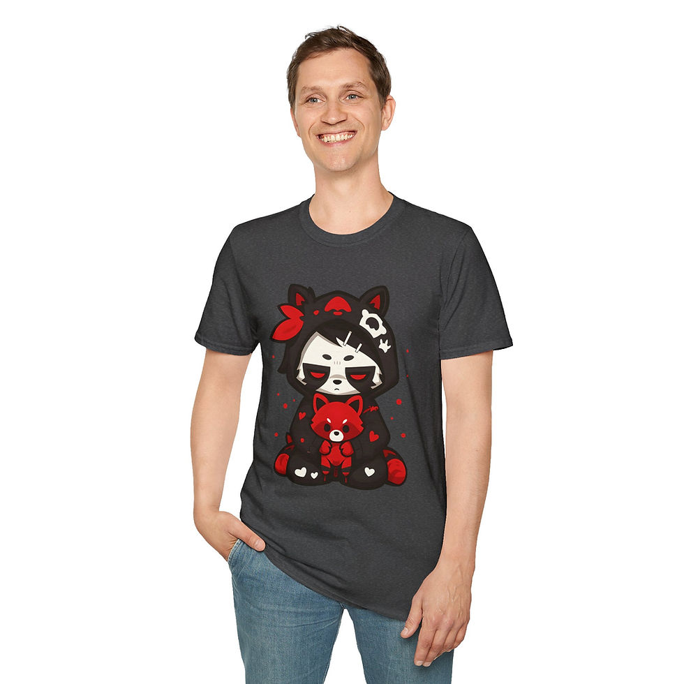 Thumbnail: kawaii cartoon Gothic red raccoon holding a stuffed red raccoon on a t-shirt