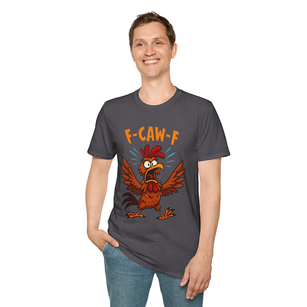 Thumbnail: cartoon frazzled chicken with bold text F-Caw-F on a t-shirt