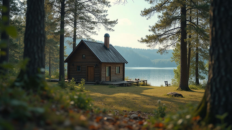Eye-level view of a serene lakeside cabin surrounded by trees