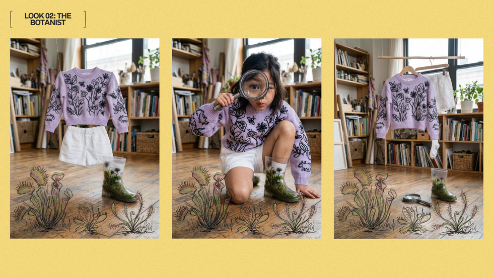 Child examining plants with magnifying glass indoors.