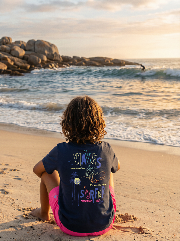 1. Colorful abstract geometric shapes.
2. Child sitting on beach, facing ocean.