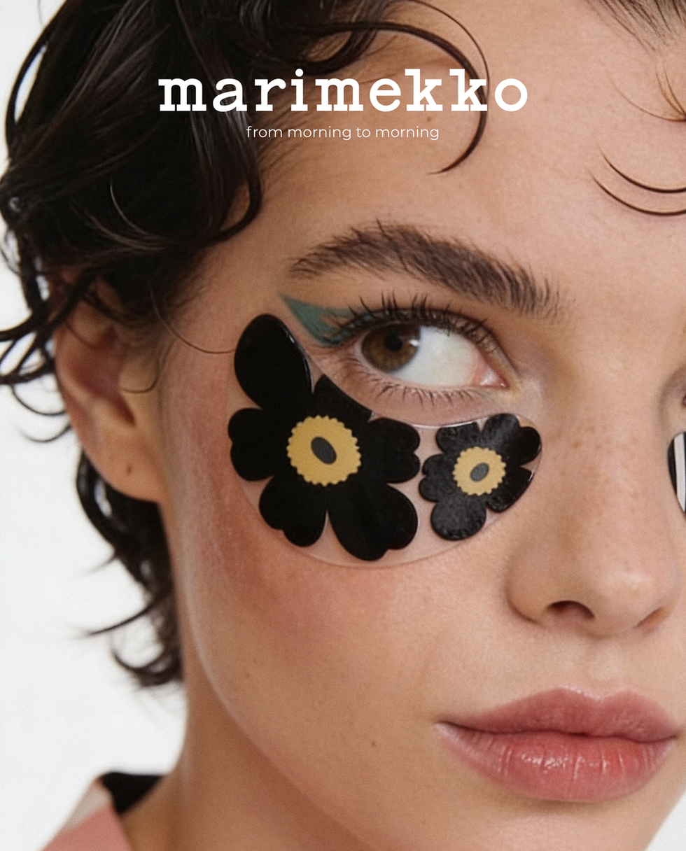 Woman with floral face paint, "marimekko" text above.