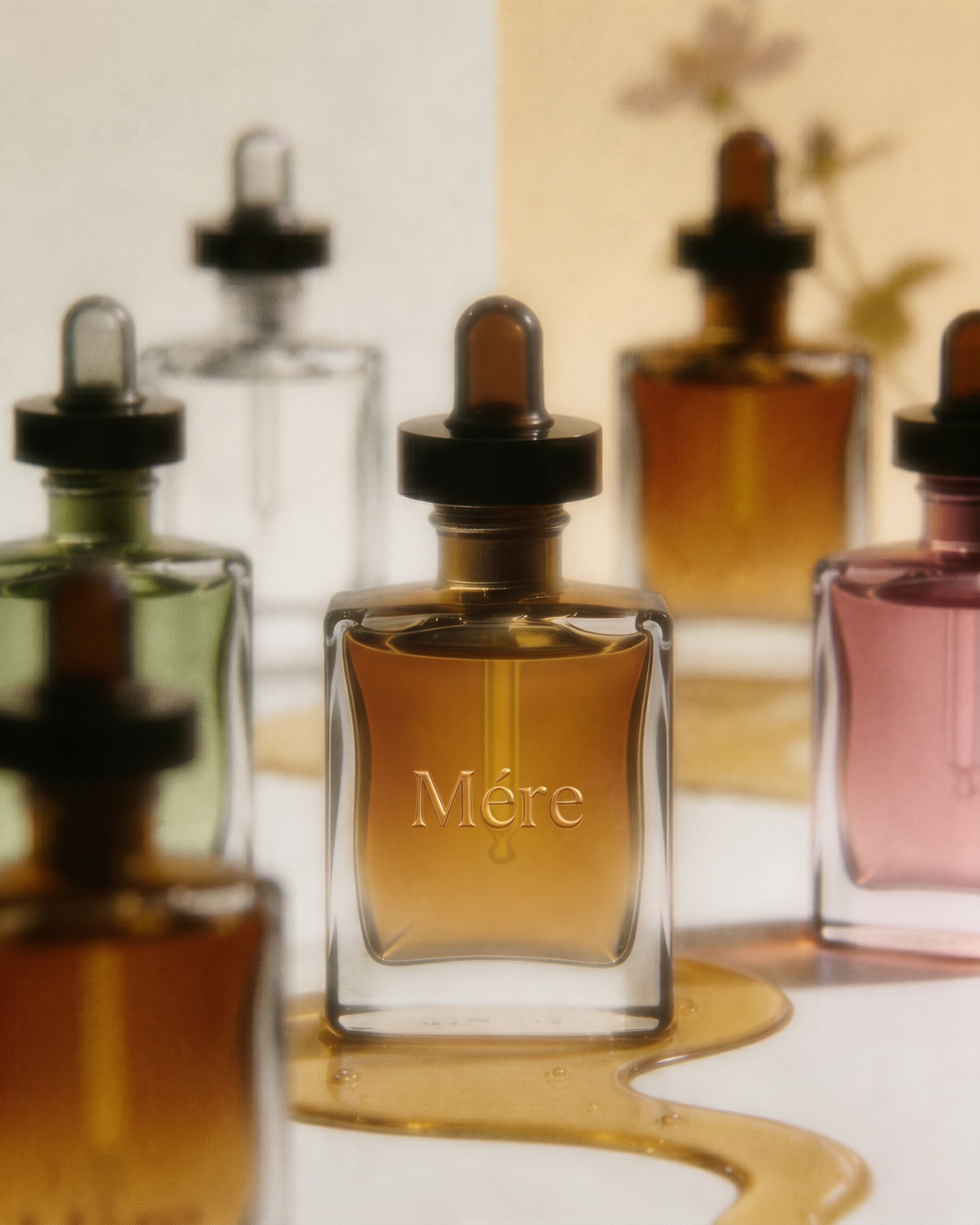 Five glass bottles with droppers, various colored liquids.