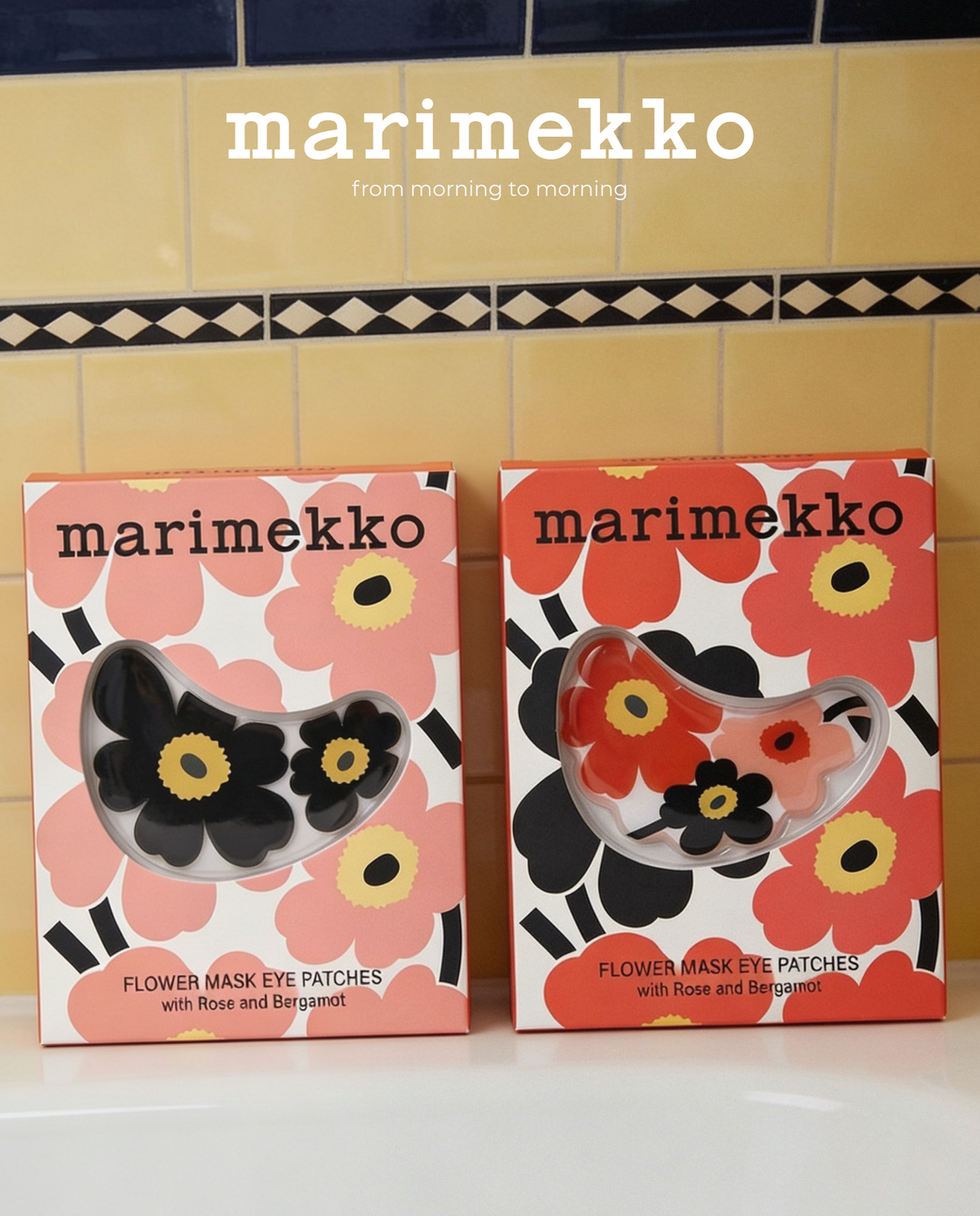Two Marimekko floral-patterned packages on display.