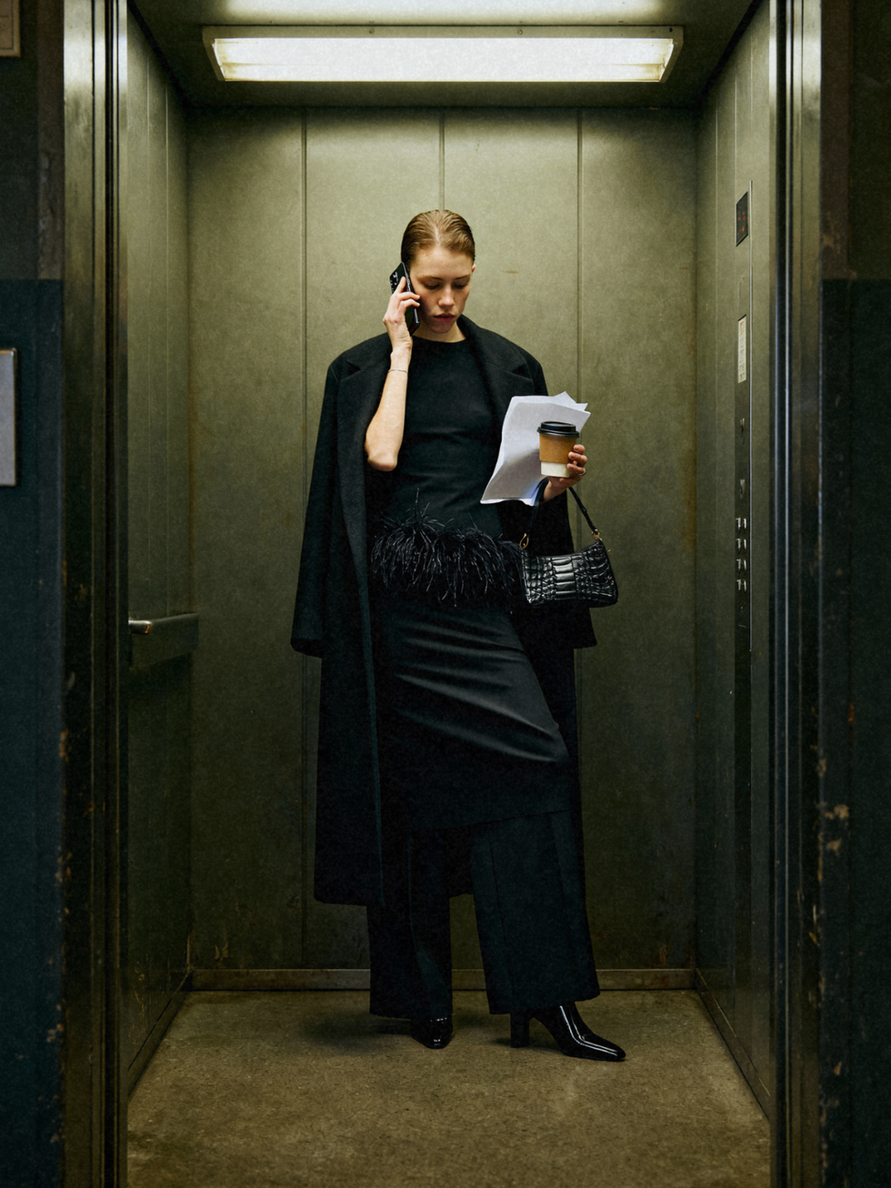 girl in elevator talking on the phone wearing toteme