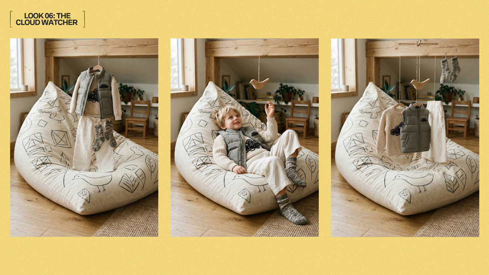 Three images of a person on a bean bag.