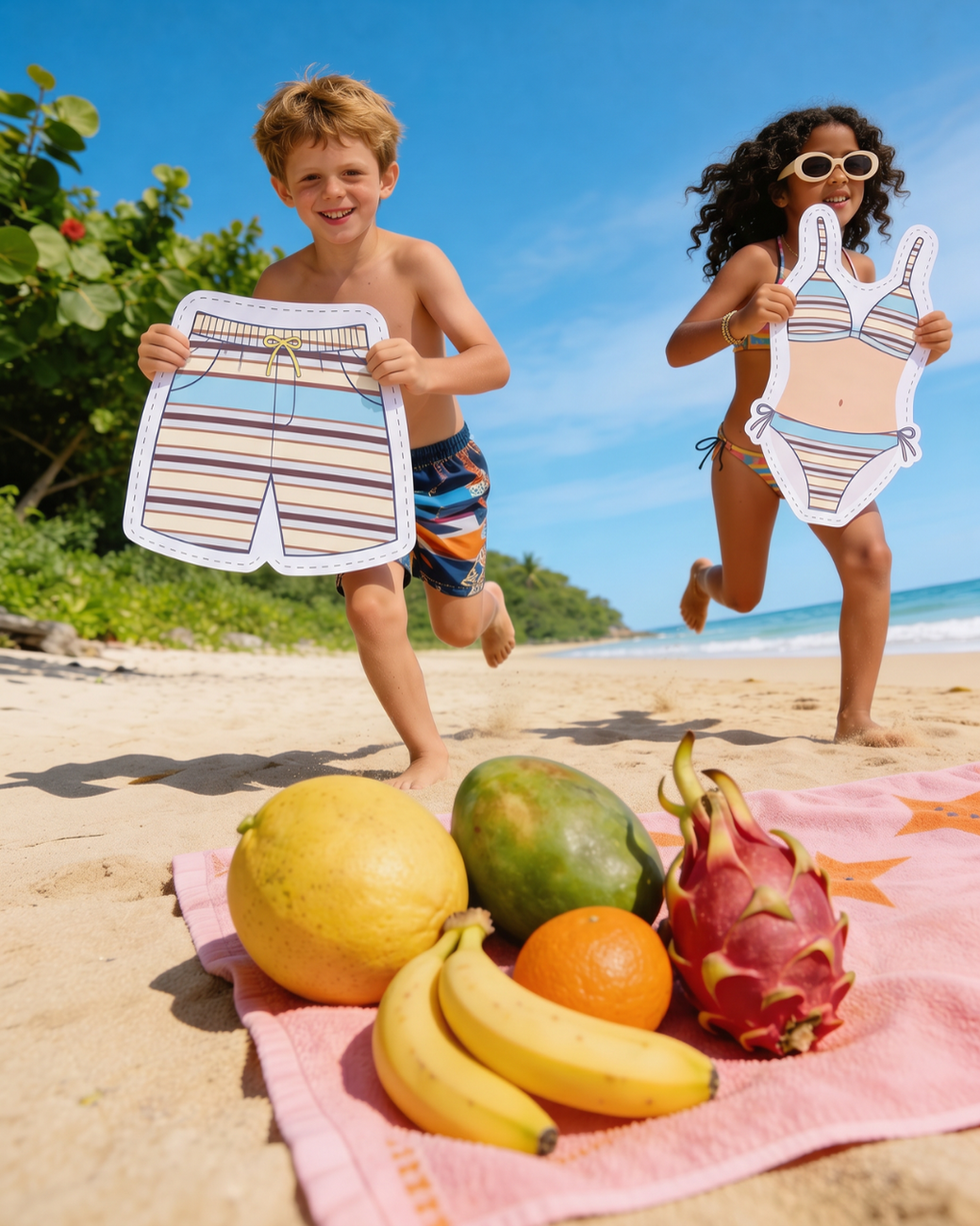Children running on beach with fruit and paper outfits.