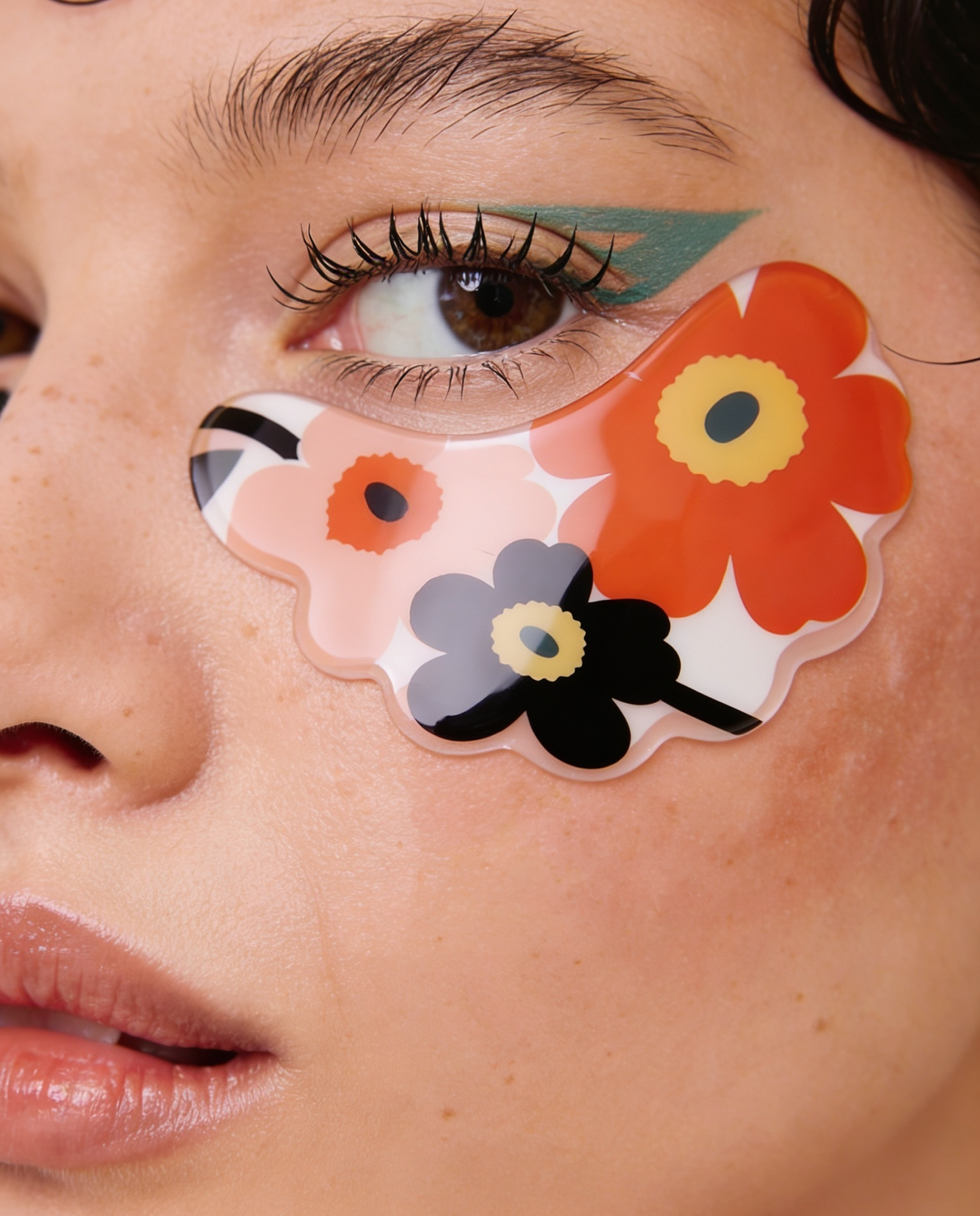 Colorful floral eye patch on person's face.