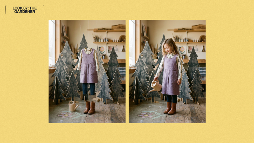 Girl watering plants in woodland-themed room.