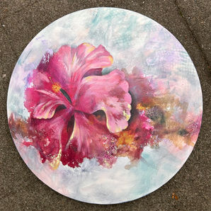 Original painting of a Pink hibiscus on circular canvas