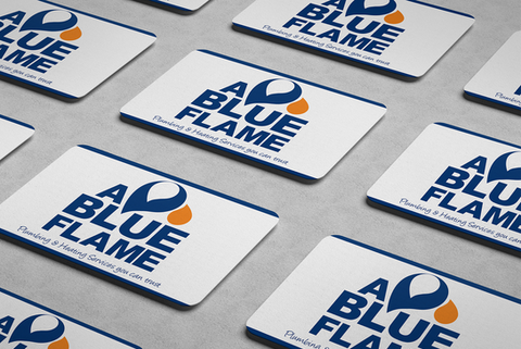 Logo and branding design for A Blue Flame gas safety company featuring a bold navy and orange stylized flame.