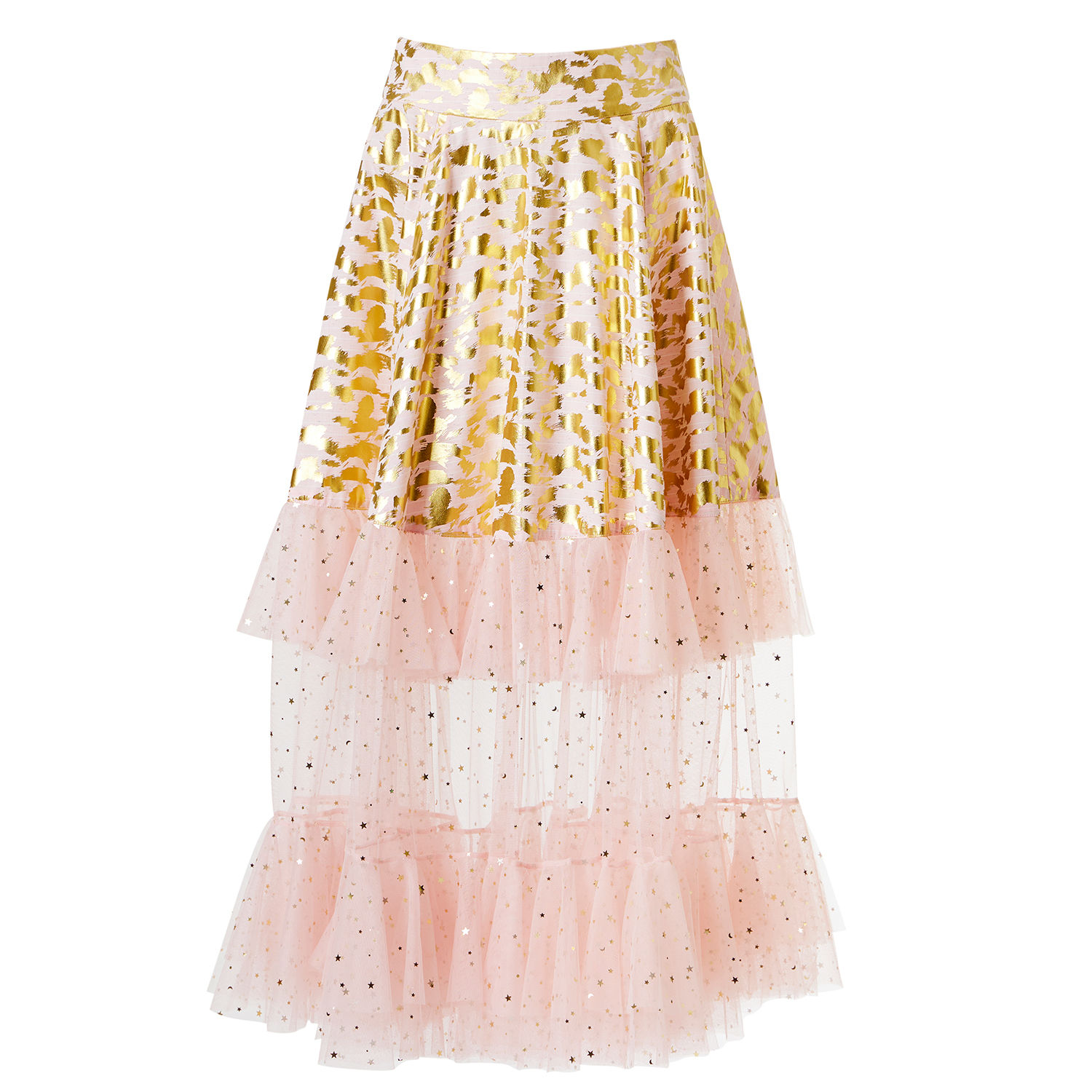 by moumi, leopard, skirt, flare, wide, tiered, tulle, cotton, gold foil, silkscreen, screen print, pink, baby, pastel