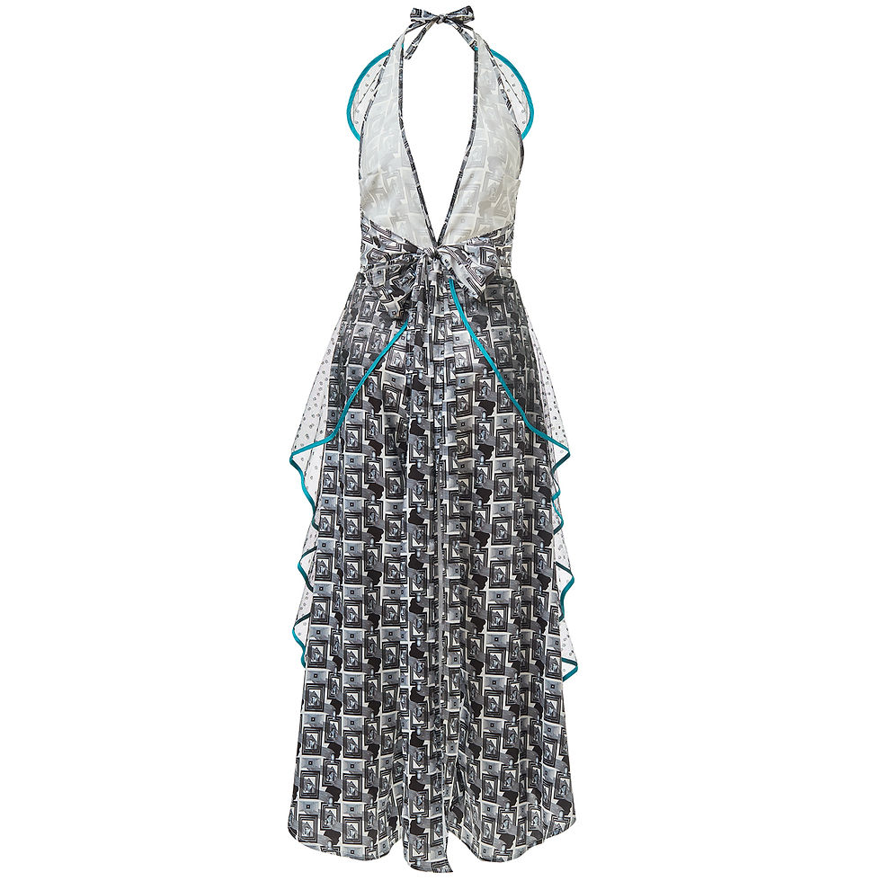 Thumbnail: by moumi, kozmic, onesie, jumpsuit, 27 club, black and white, graphic, print, satin, dress, frills, flounces, green, piping