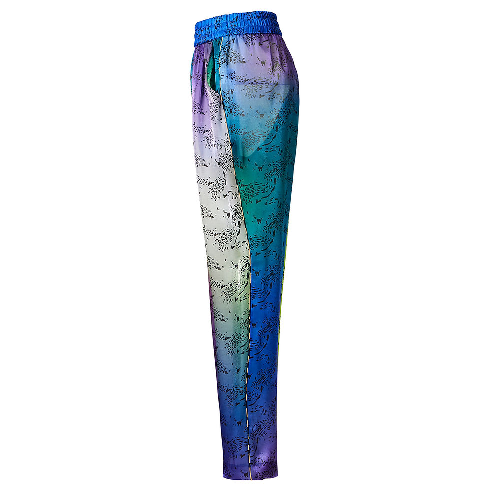 Thumbnail: by moumi, leopard, trousers, capri, liquid, organdie, parrot, lime, green, blue, purple, digital print