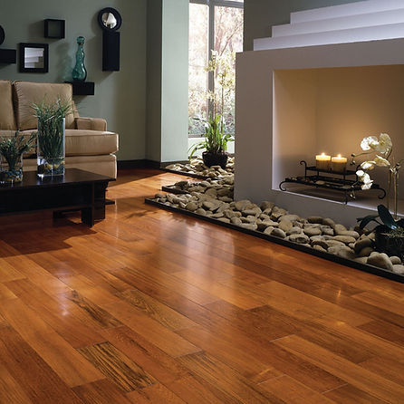 Hardwood in living room with faux fireplace