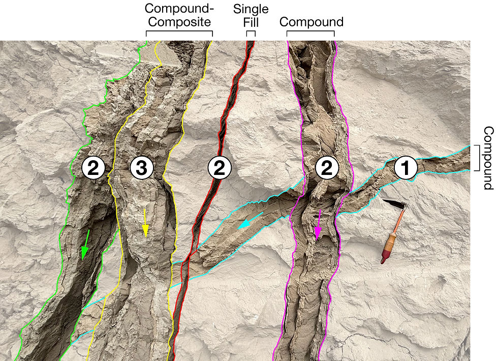 Compound, Composite & Single-fill Dikes. Single-fill dikes involve the one-time filling of a fracture. Compound dikes contain two or more sheets that were filled during a single diking event. Composite dikes contain multiple sheets injected during multiple diking events separated by hiatuses. For the purposes of this article, diking events = megaflood loading events. Composite dikes form by reinjection of new sheets into older dikes and by the merging of subparallel dikes to form one. For example, if you were only to observe the upper half of the two dikes on the left (green and yellow), you might identify a single dike. In reality there are two dikes that have merged over a portion of their length. Numbers indicate the relative age of injection. Crosscutting relationships reveal which dike is the oldest ("1", cyan) and which is the youngest ("3", yellow), but the three dikes labeled "2" (green, red, purple) do not touch each other, so their relative ages are assumed to be the same until additional information from outside the frame of the photo can be acquired. Ash Hollow Quarry, WA. S.W. Cooley photo and figure.