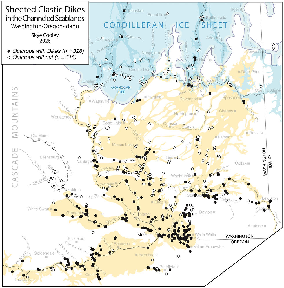 Study sites. Locations where sheeted dikes were measured are black dots (n = 326). Each location generally contains multiple dikes, typically more than 10. White dots are locations that were searched, but where no dikes were found (n = 318). Many white dots lie just outside the floodway, shown in gray, or where flood deposits are gravelly. Though a few black dots appear to fall outside the floodway, this is an artifact of the geologic mapping. Flood-laid sediments actually extend a bit beyond the areas mapped in gray, but are hidden beneath younger deposits such as loess and alluvium. The Cordilleran Ice Sheet terminus is shown in light blue. Glacial Lake Columbia in blue is shown filled to its 600m-elevation shoreline. Exposures containing dikes are more numerous in the southern part of the study area, where many streams, roads, and railways create more outcrops. Walla Walla County's road maintenance crews are particularly good at keeping their roadcuts fresh. Dikes are sparse between Moses Coulee and Cheney, where loose, patchy gravels lacking in silt rest atop scoured bedrock. The few dikes observed north of the Channeled Scablands occur in sandy outwash and till. Bar gravels and Palouse Loess generally contain few dikes unless interfingered with or overlain by slackwater rhythmites. No dikes cut loess anywhere above Missoula flood trimlines, the indicators of maximum flood stage. No dikes were found east of Priest River, ID (Glacial Lake Missoula basin), east of Lewiston, ID (Hells Canyon-Snake River Valley), west of White Swan, WA (Yakima River Valley), south of Cecil, OR (Willow Creek Valley), north of Hunters, WA (Columbia River Valley), north of Bridge Creek, WA (Sanpoil River Valley), or north of Tonasket, WA (Okanogan River Valley). The Willamette, Wenatchee, and Methow Valleys were not part of this study.