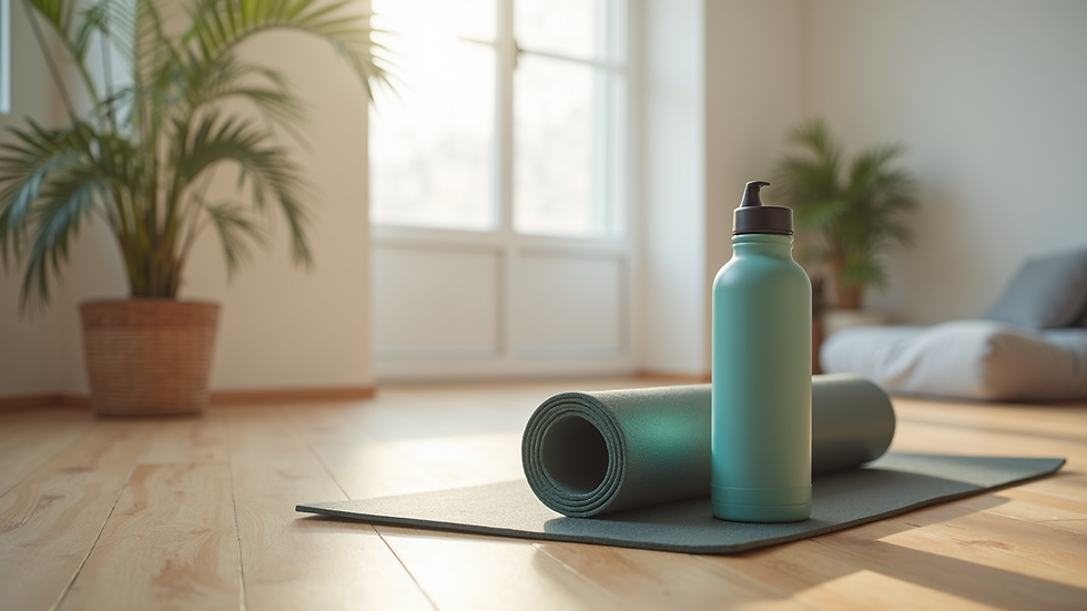 Eye-level view of a yoga mat and water bottle on wooden floor in a bright studio