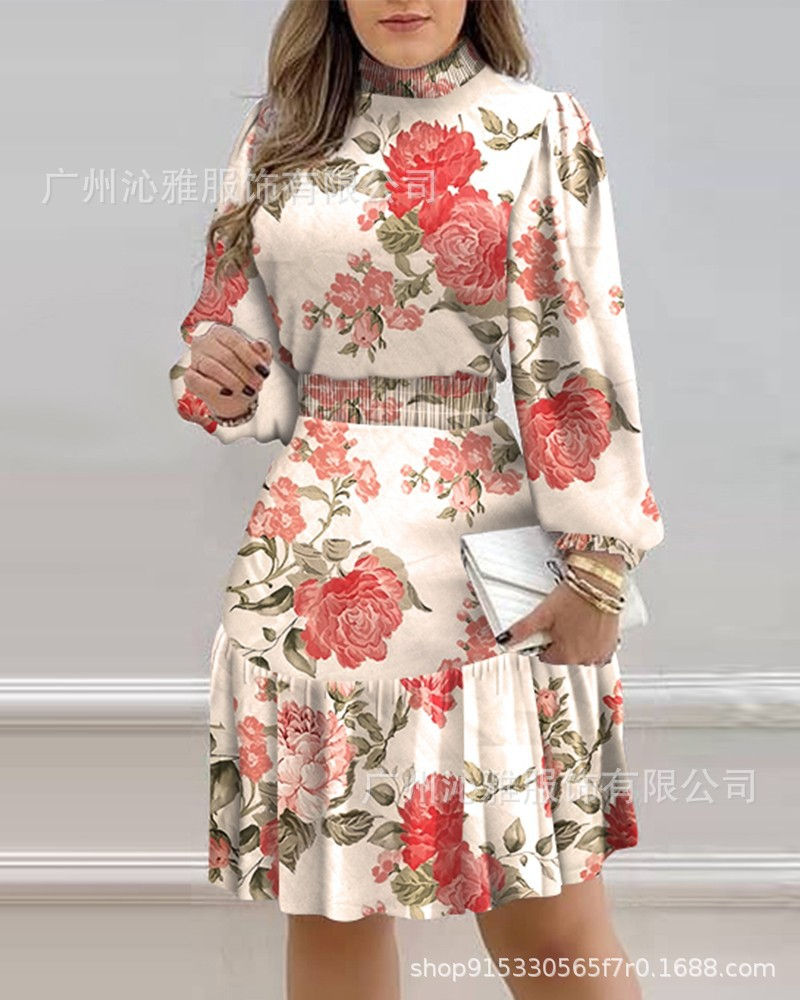 Thumbnail: European And American Amazon Floral Print Lantern Sleeve Smocked Ruffle Dress