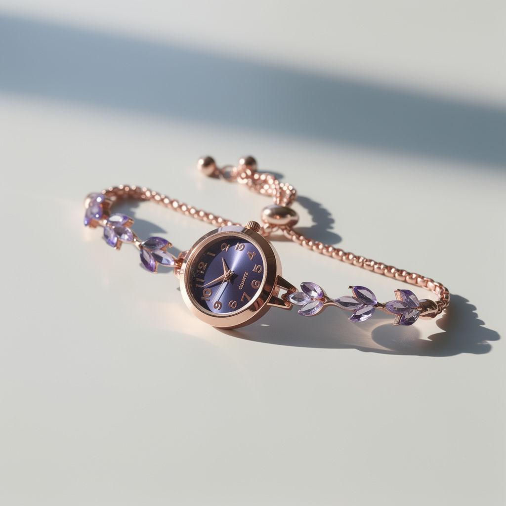 Rose gold watch with purple crystal leaf bracelet