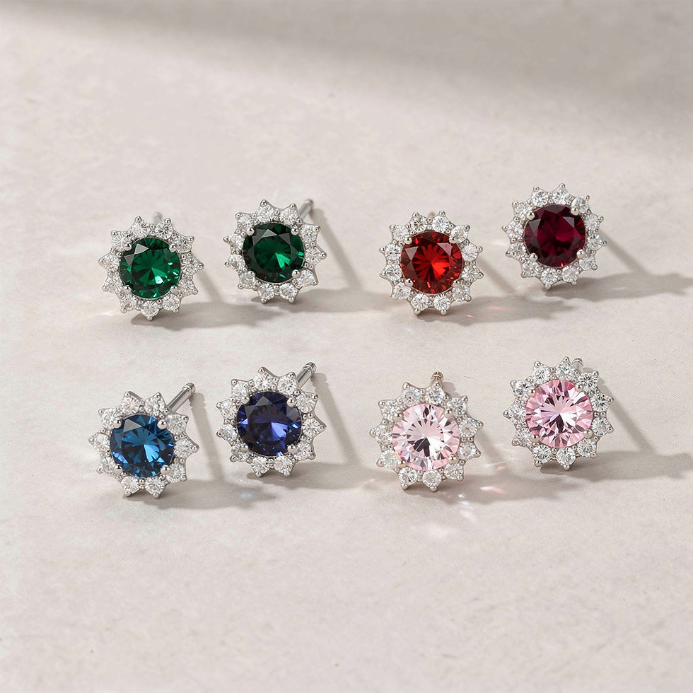 Four pairs of round crystal earrings: green, red, blue, pink