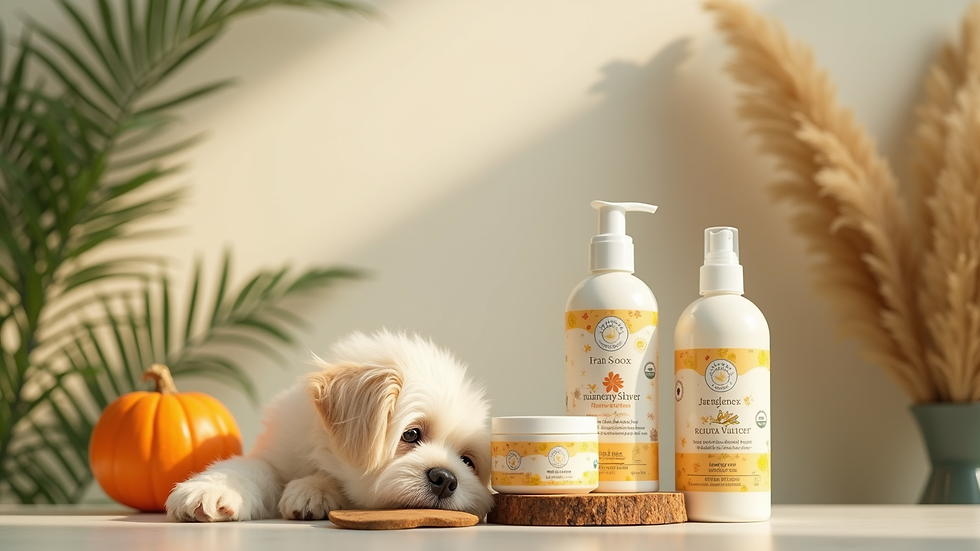 Eye-level view of natural pet grooming products with eco-friendly packaging