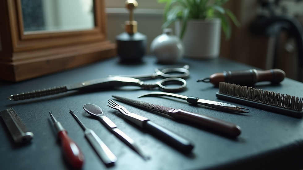 Eye-level view of grooming tools neatly arranged on a table