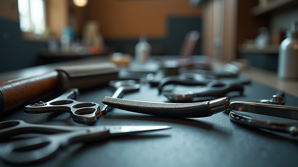 Eye-level view of grooming tools arranged neatly on a table
